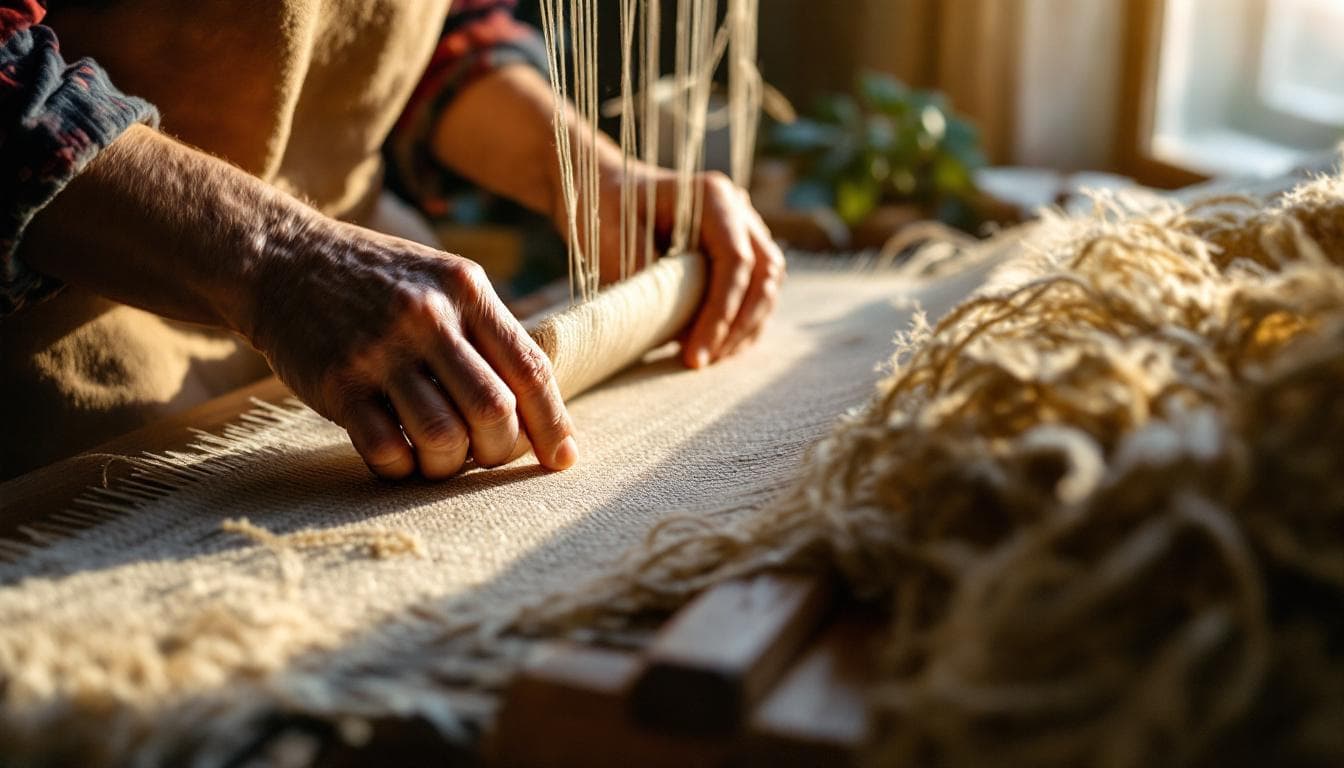 Artisan weaving hemp fabric on a wooden floor loom