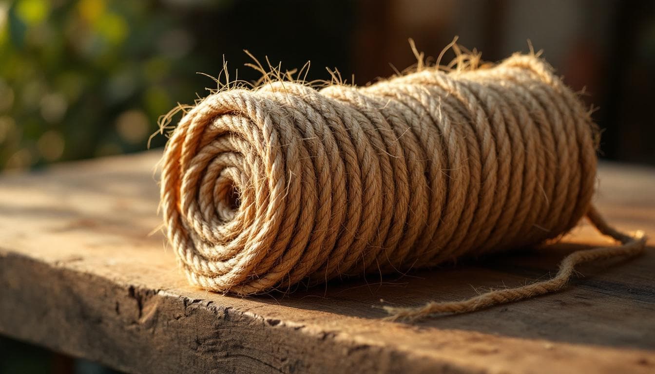 Coil of natural hemp rope on a workshop bench