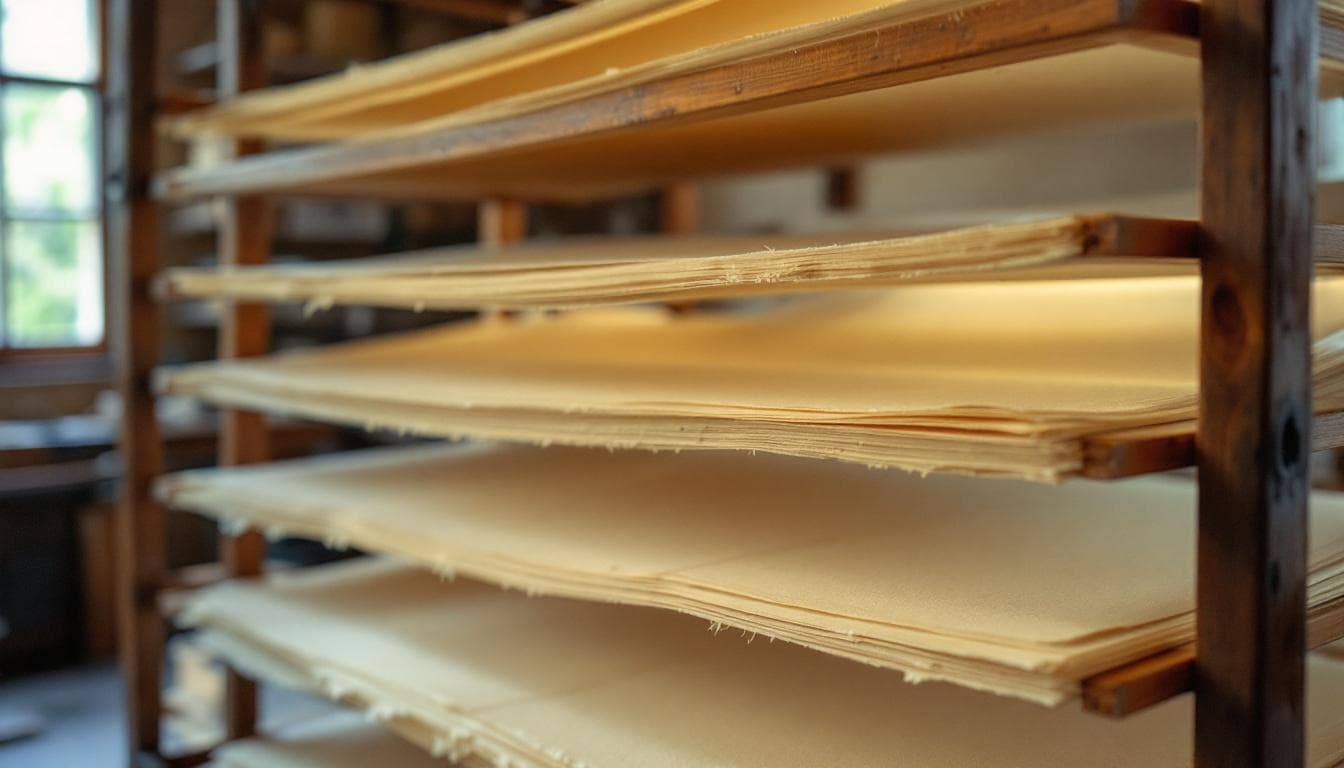 Hand-made hemp paper sheets drying on a rack