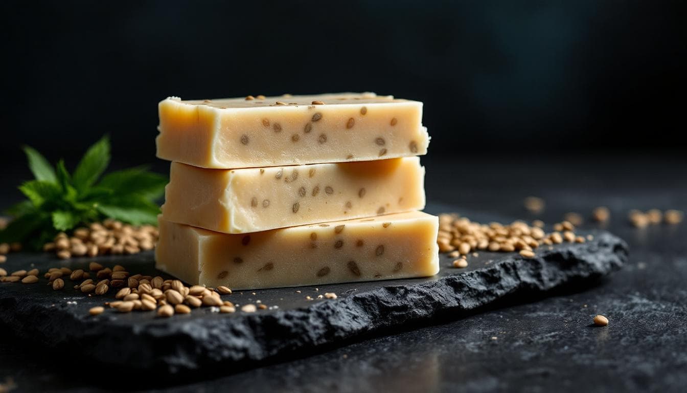 Stack of artisanal hemp soap bars on slate