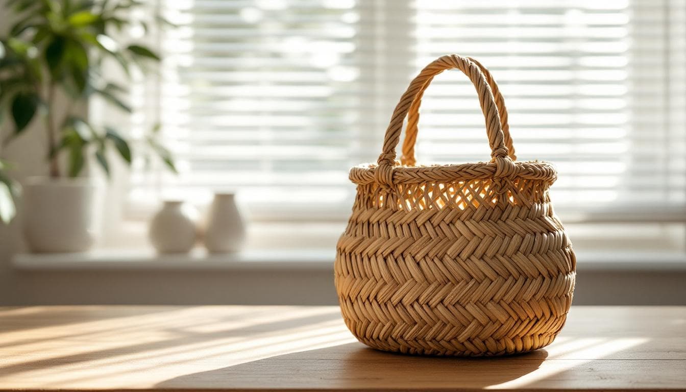Hand-woven hemp basket on an oak table