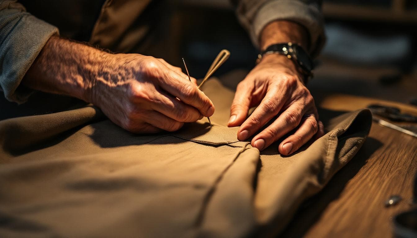 Tailor stitching a hemp canvas jacket in an atelier