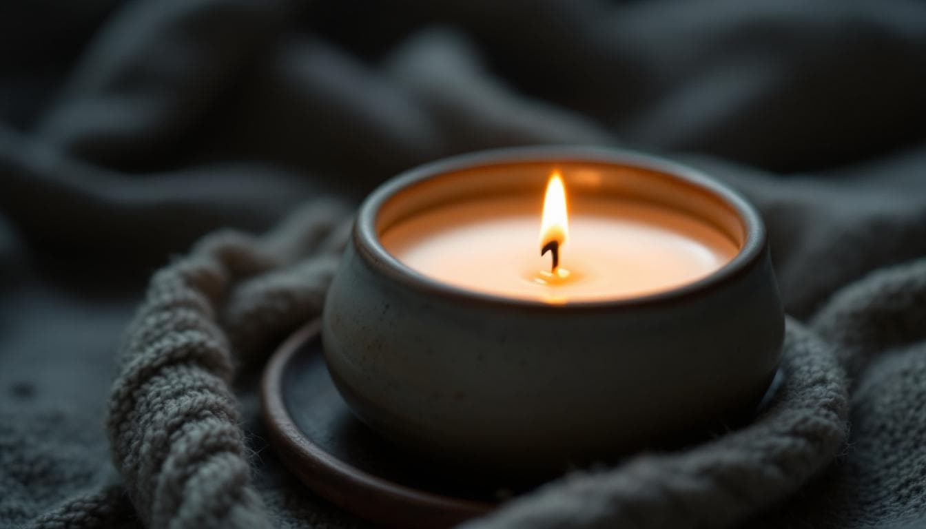 Hemp-oil candle burning in a small ceramic vessel