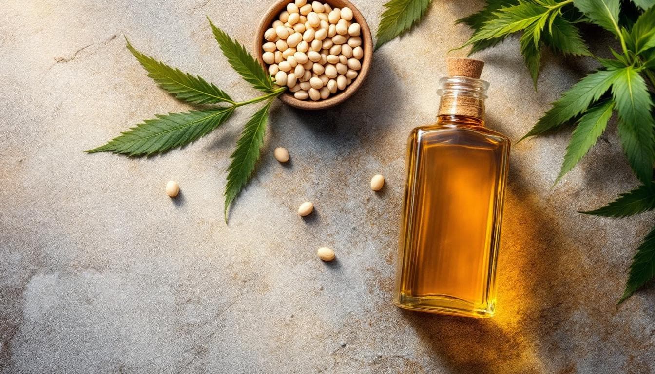 Cold-pressed hemp seed oil in an amber bottle on stone