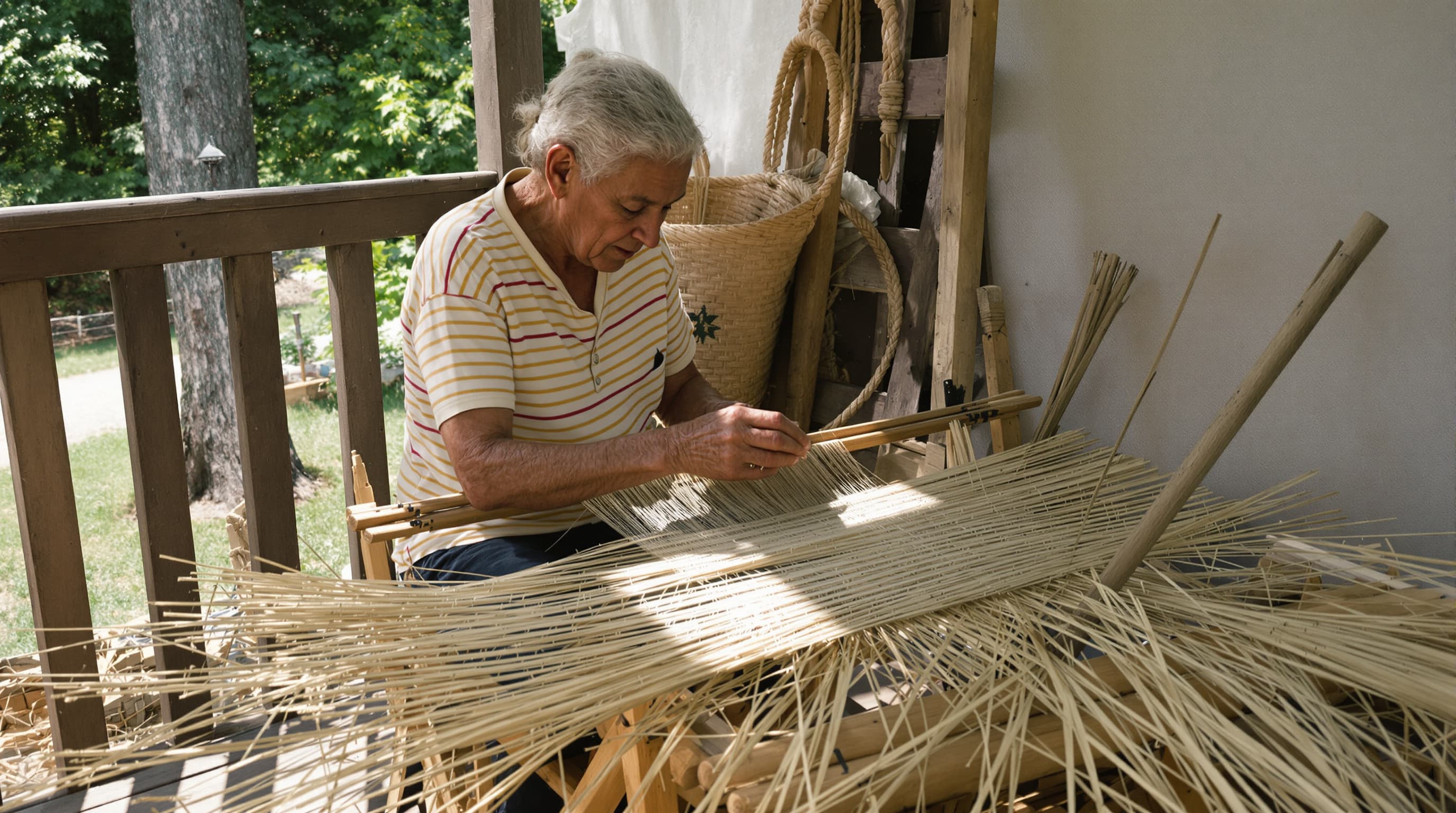 Elderly artisan weaving a twill-pattern hemp basket