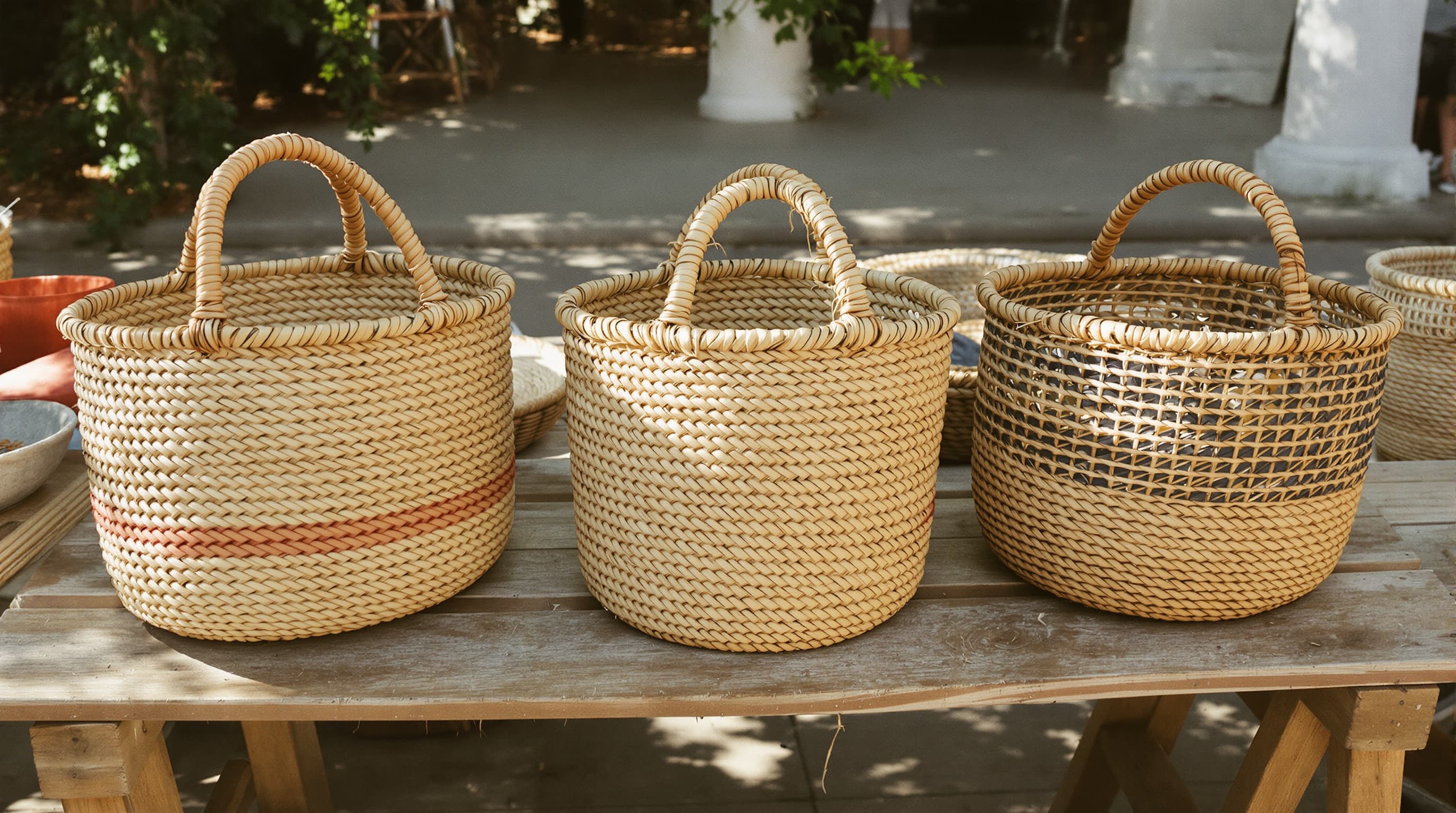 Three finished hemp baskets on an artisan market table