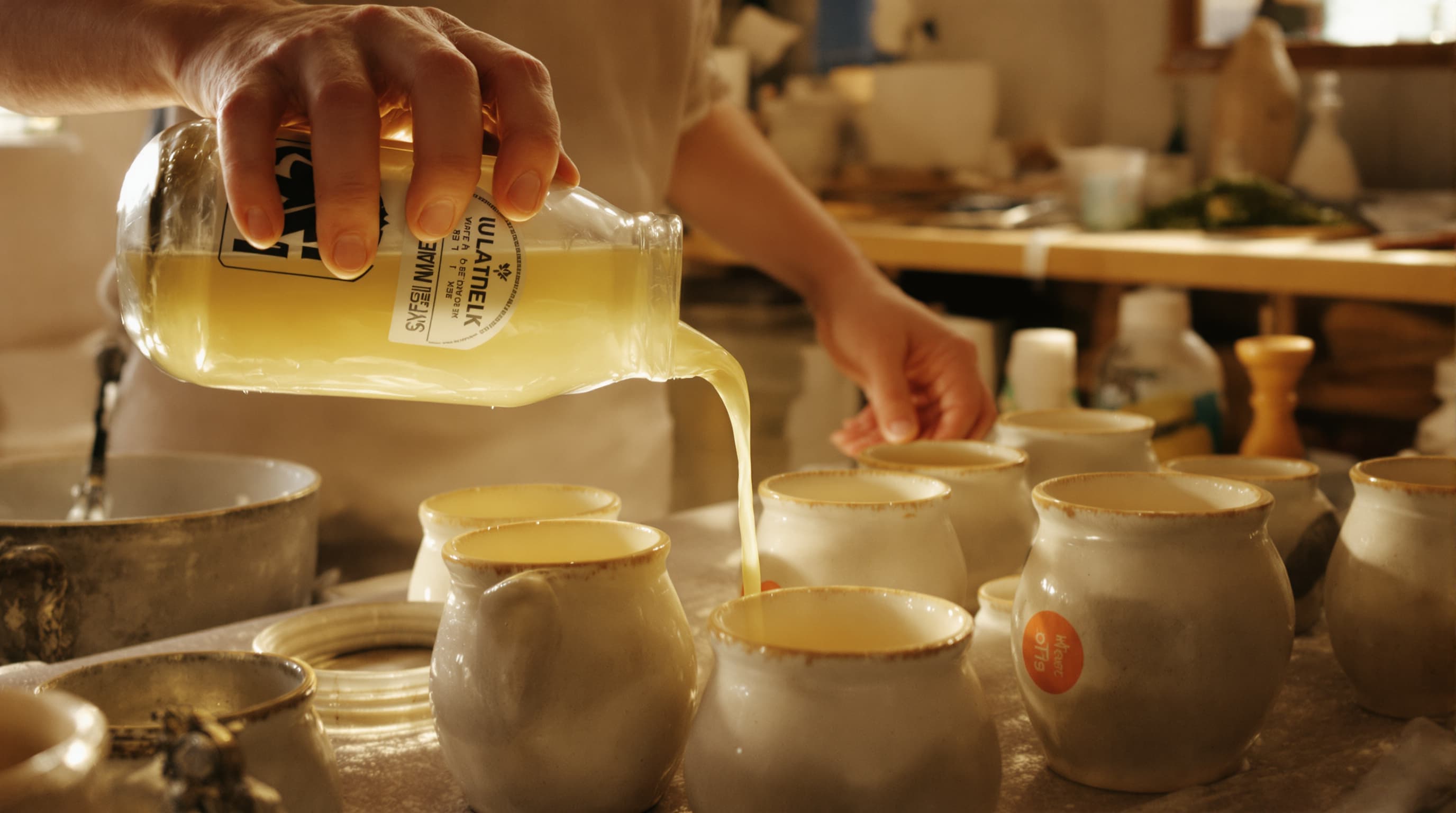 Candlemaker pouring hemp seed oil and beeswax blend into ceramic vessels