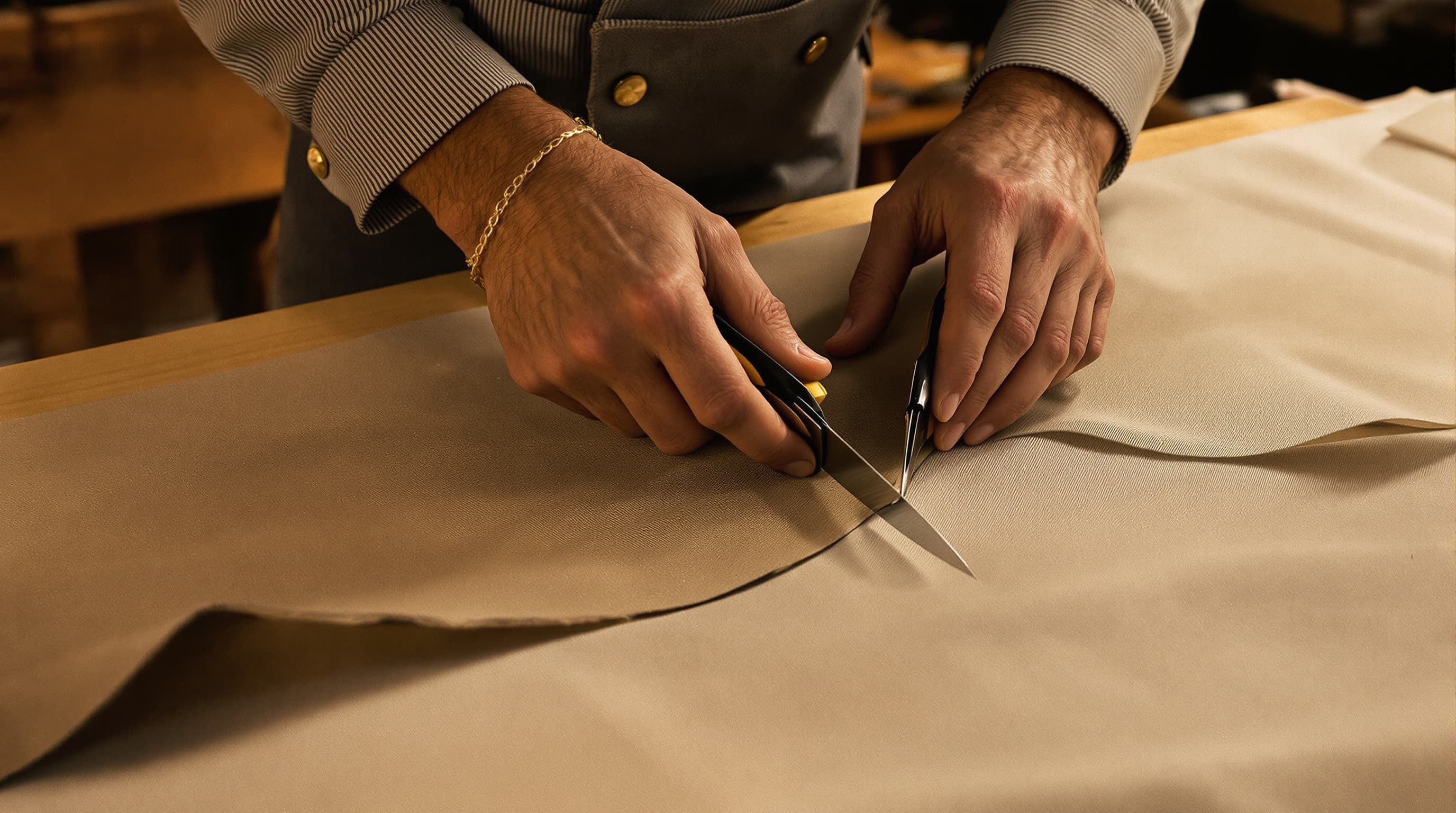 Tailor cutting a pattern from heavy hemp canvas with shears