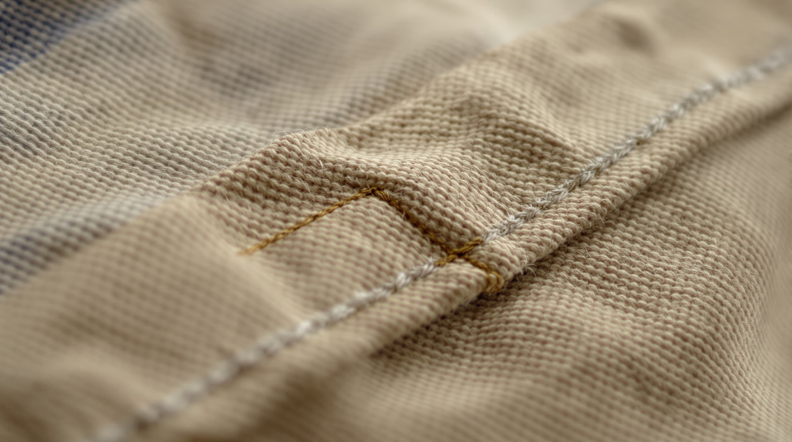 Hand-stitched seam on hemp canvas workwear