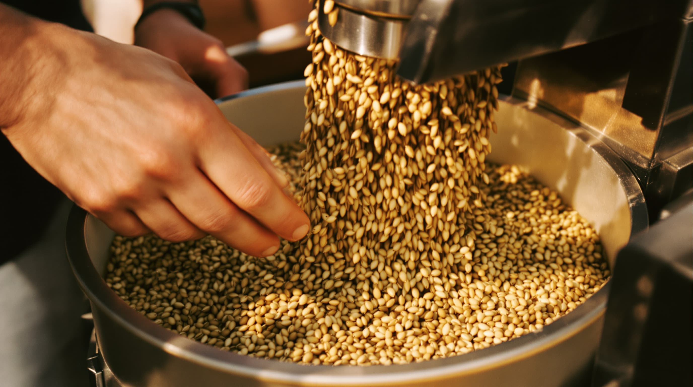 Hemp seeds being fed into a small artisanal cold-press expeller