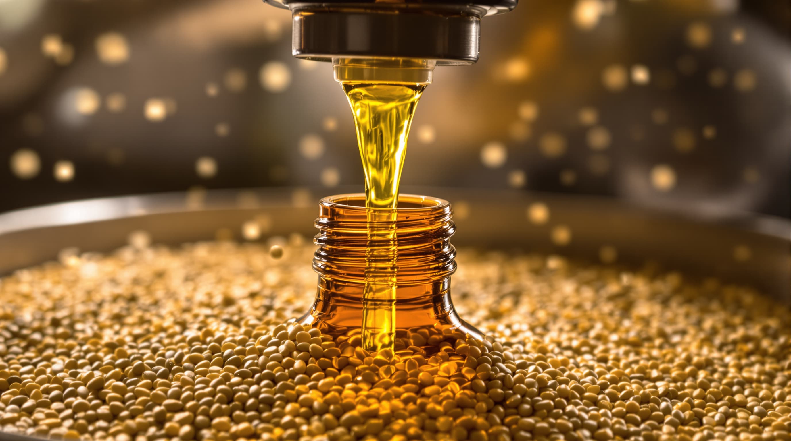 Fresh cold-pressed hemp seed oil streaming from the press into amber glass