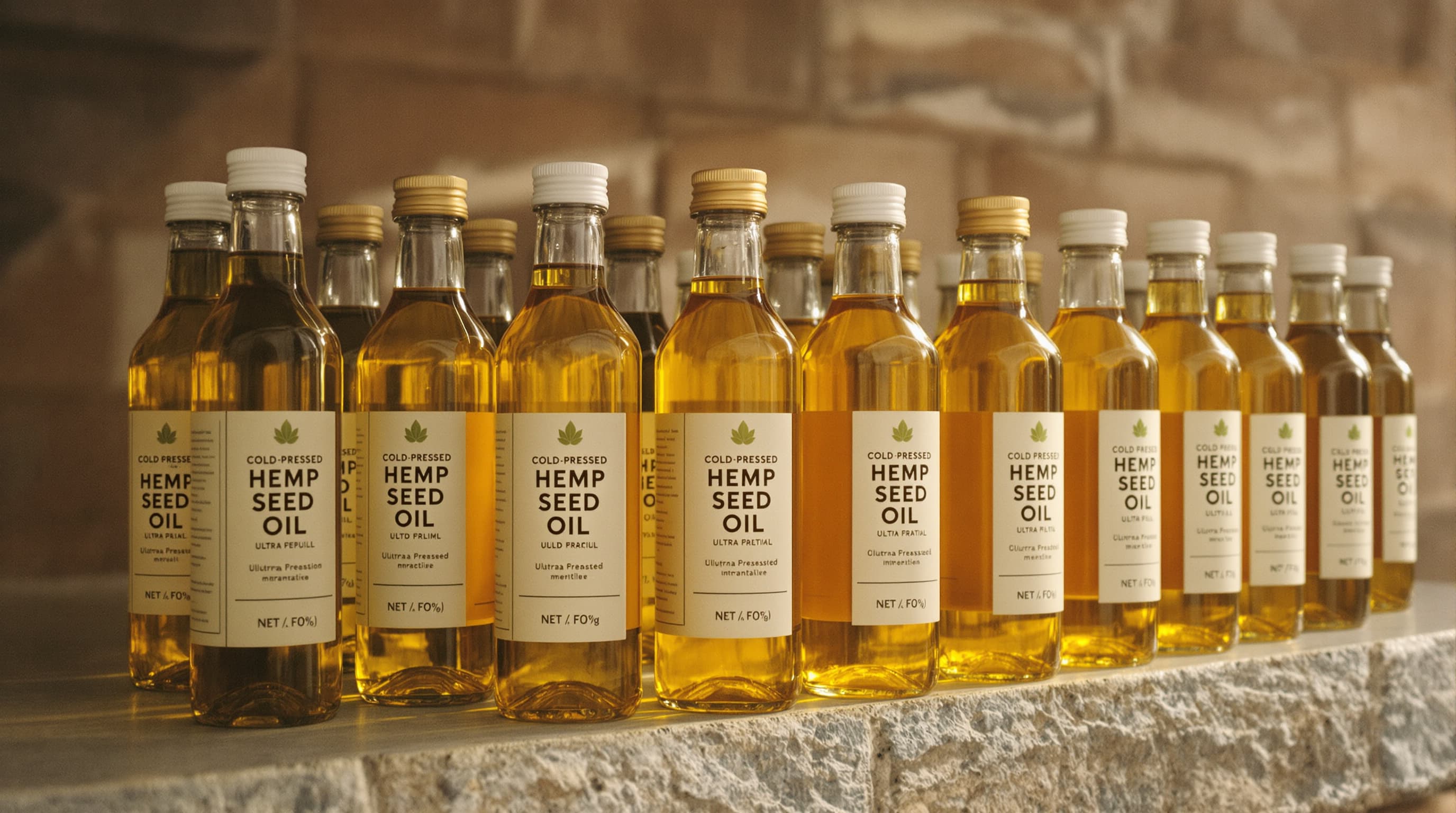 Amber glass bottles of cold-pressed hemp seed oil on a stone shelf