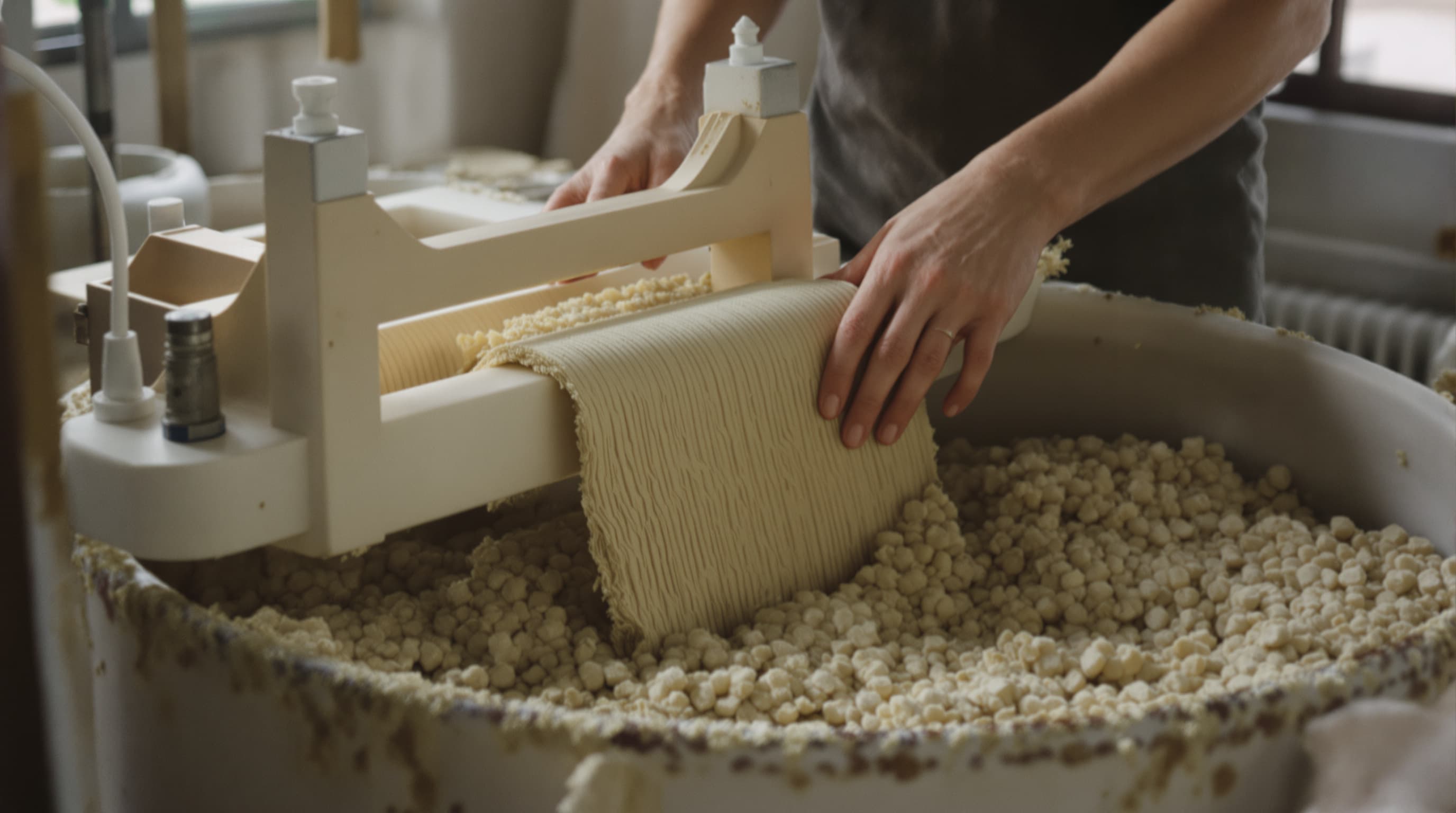 Papermaker dipping a deckle into a vat of hemp pulp