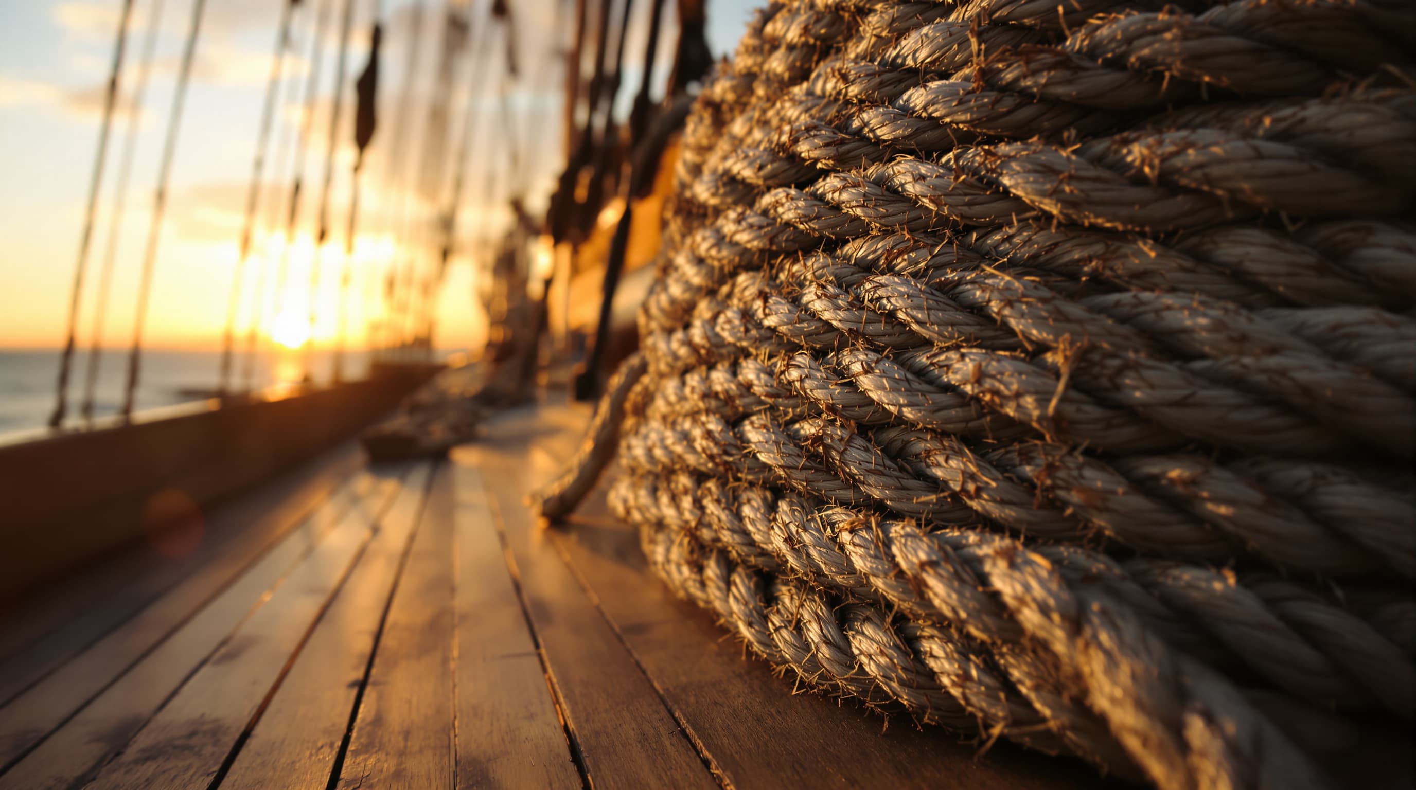 Coil of weathered hemp rope on a wooden ship's deck at sunset