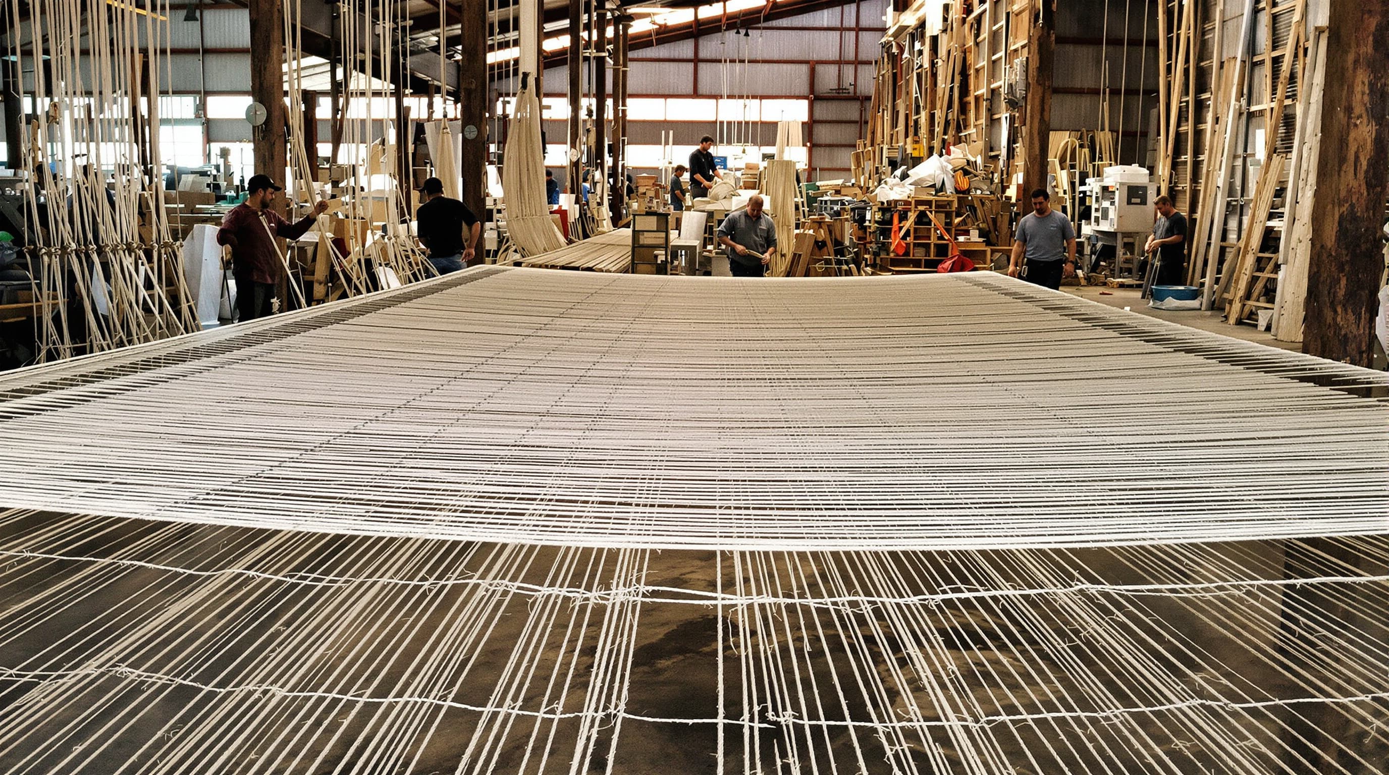 Modern rope walk workshop with workers hand-laying long hemp cordage