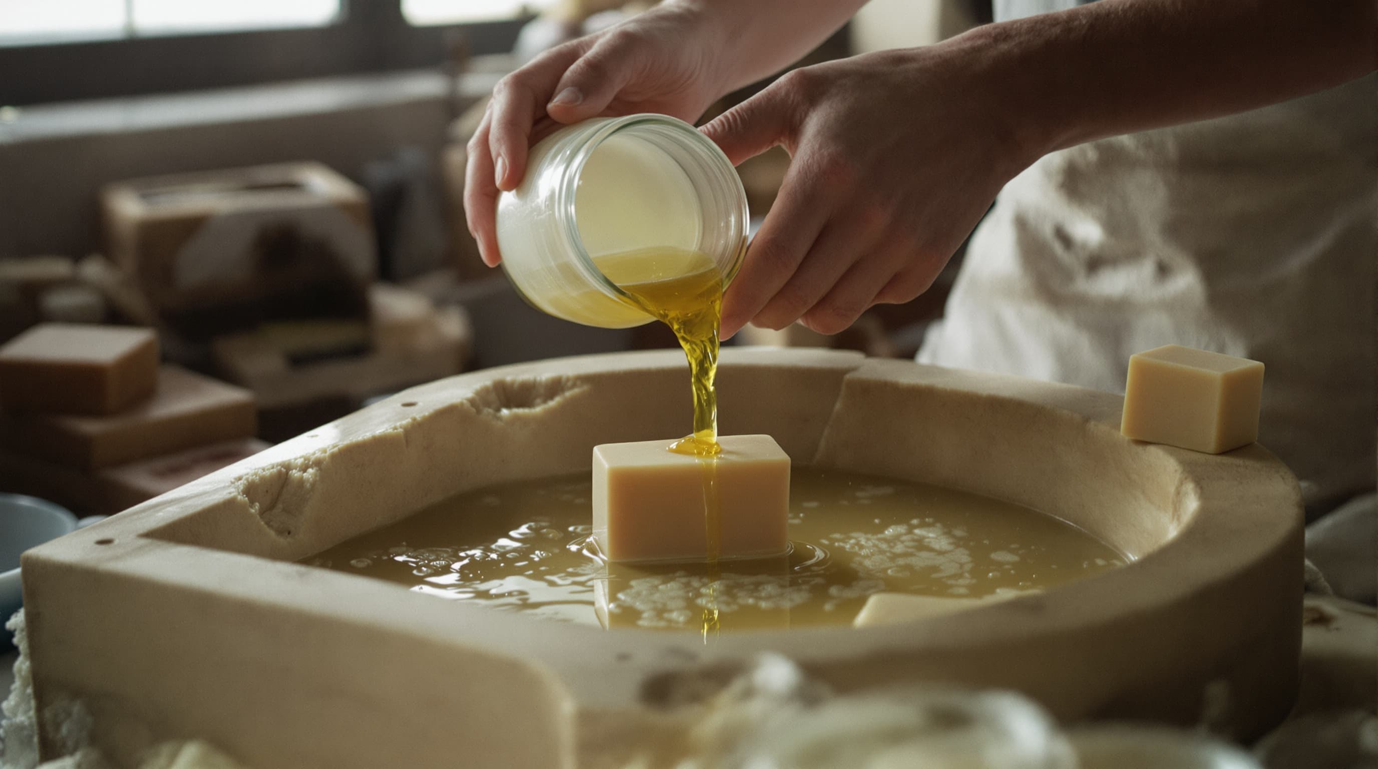 Soapmaker pouring saponifying hemp oil and lye into a wooden mould