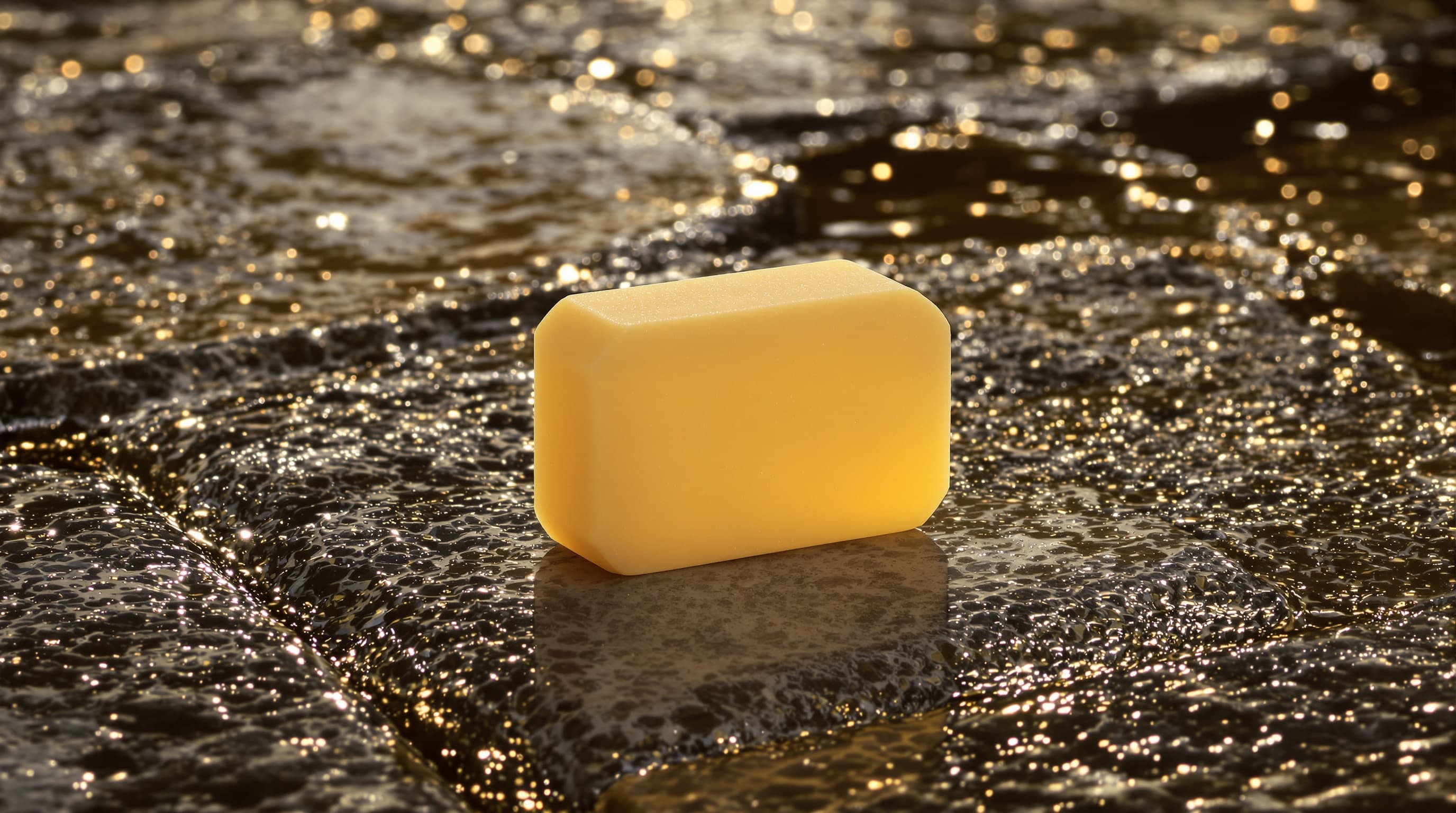 Single hand-cut hemp soap bar on wet stone with lather