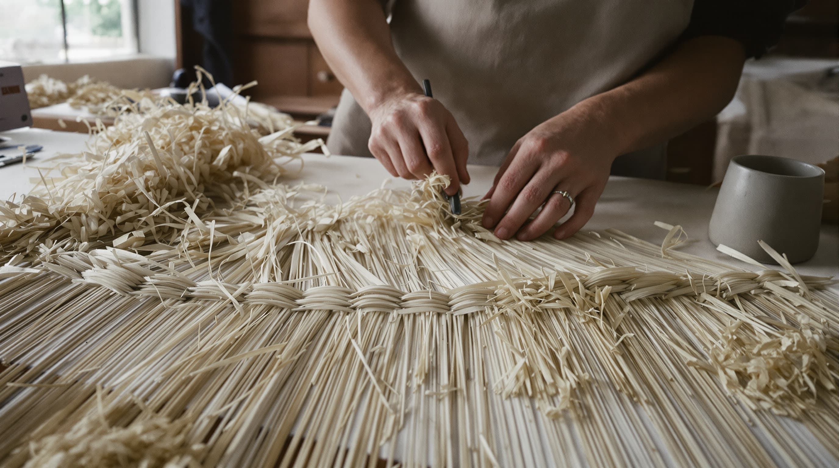 Hands scutching retted hemp fiber