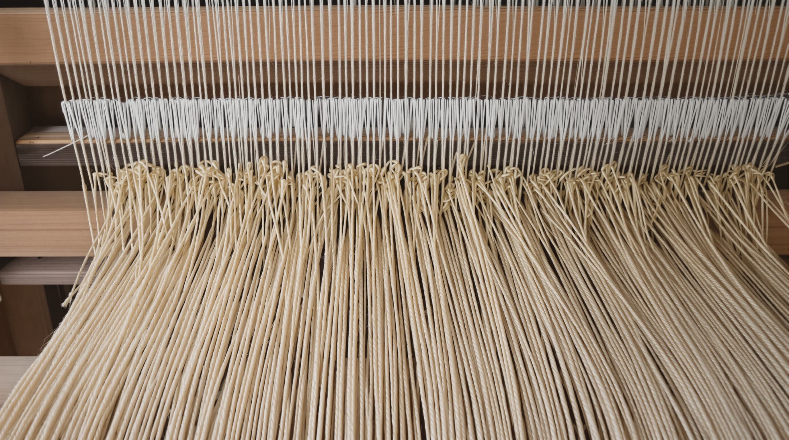 Pale hemp yarn freshly woven on a wooden loom