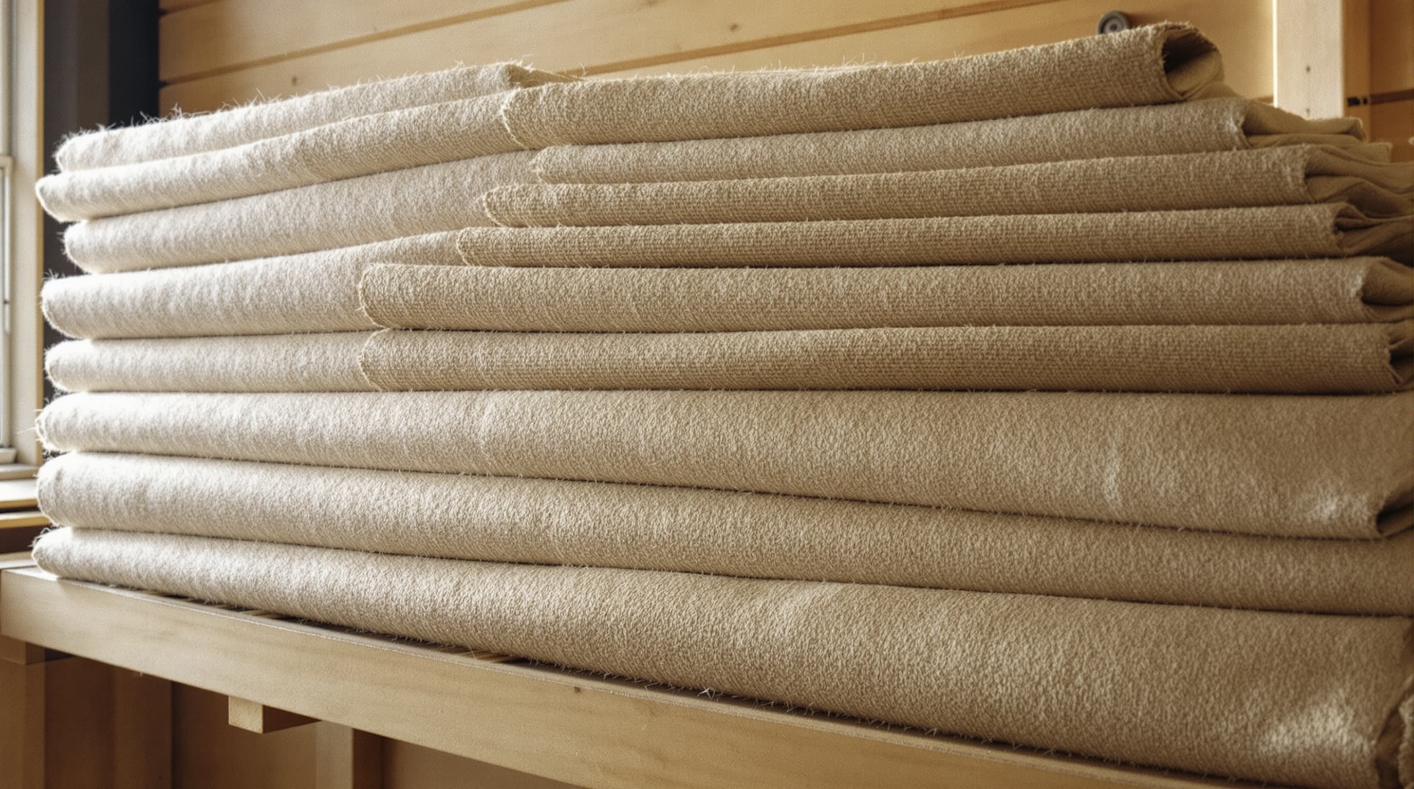 Stack of natural unbleached hemp fabric bolts on a wooden shelf