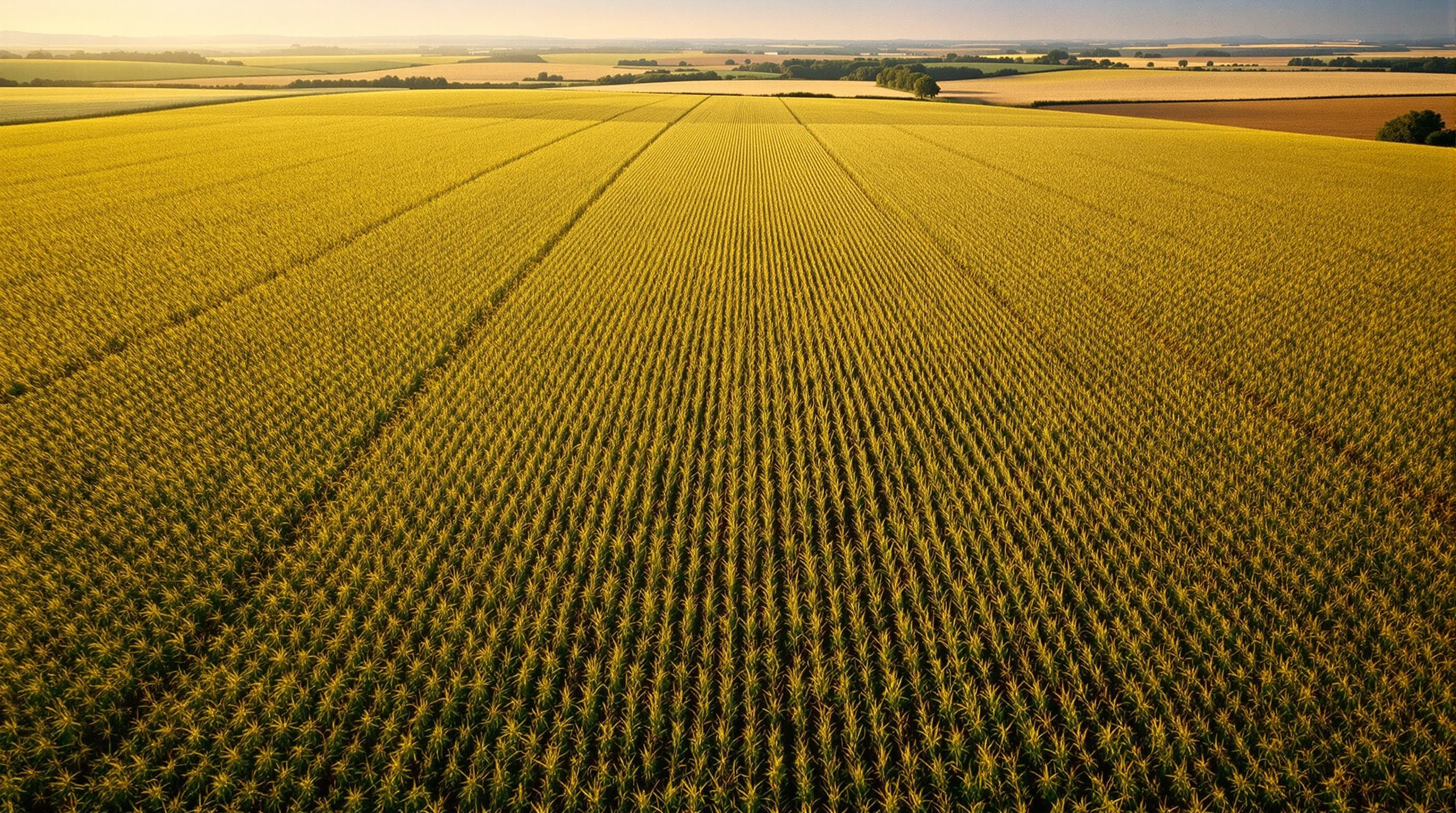 Aerial drone shot of a vast hemp field at golden hour