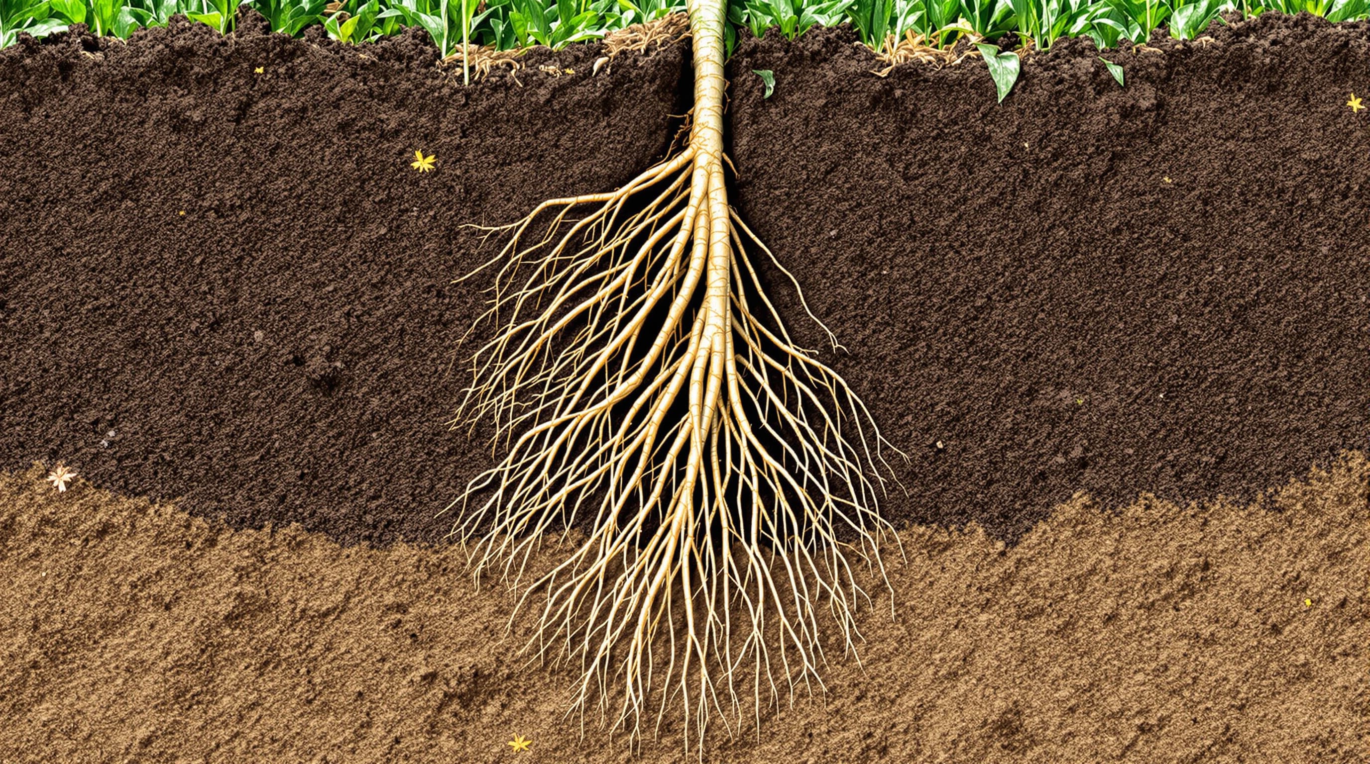 Cross-section of soil showing a hemp plant's deep tap root