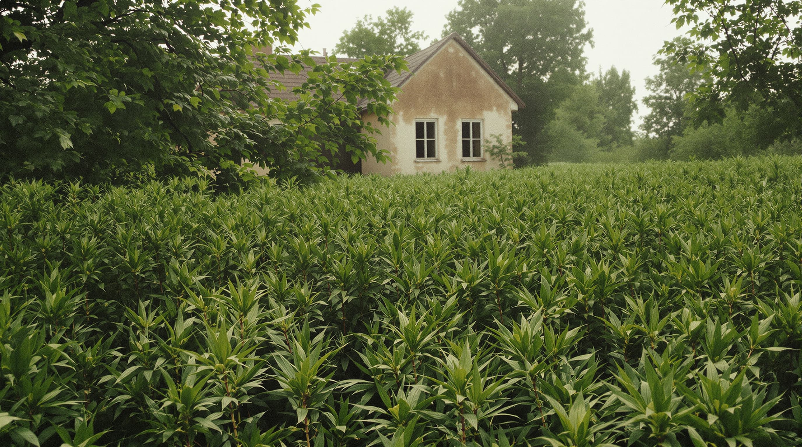 Radiation hazard symbol fading into a healthy hemp field