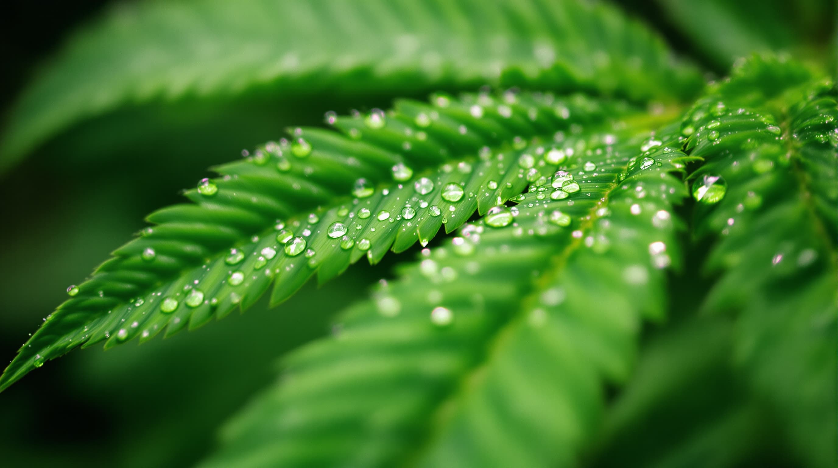 Macro of a hemp leaf with morning dew