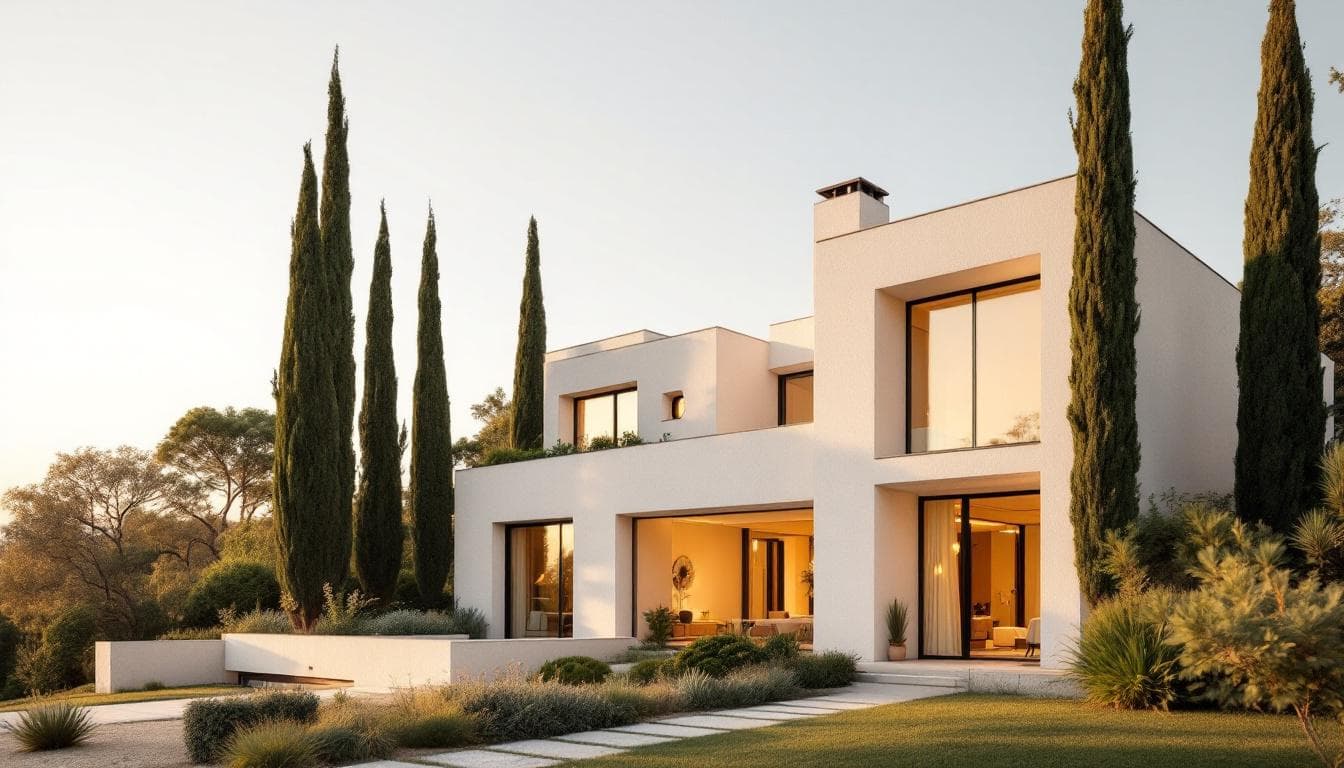 Hempcrete residential exterior at golden hour