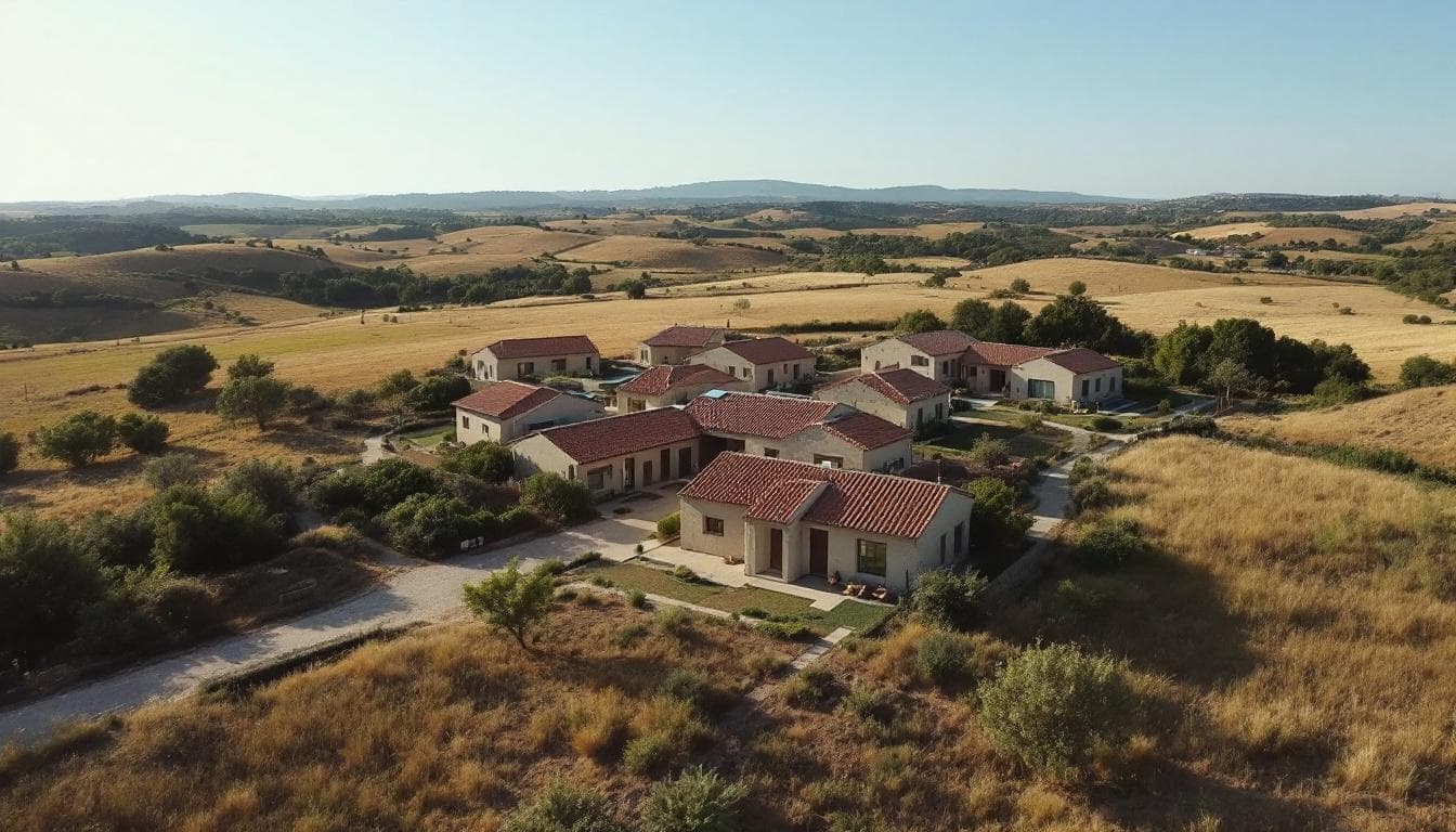 Aerial view of a hempcrete village in the countryside