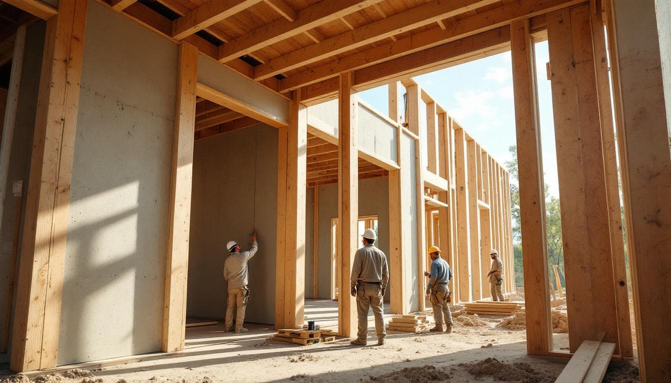 Hempcrete being cast around a timber frame on a construction site