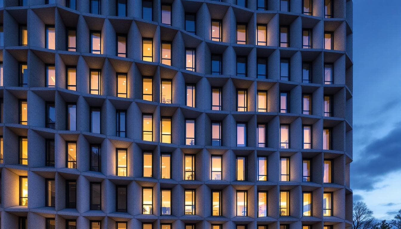 Hempcrete office building facade at twilight