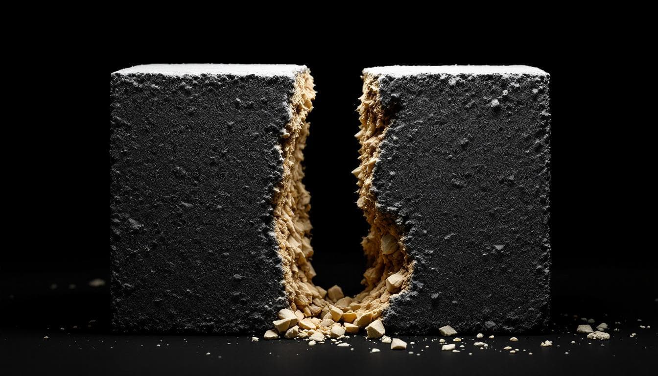 Hempcrete block split in half, dramatic studio lighting