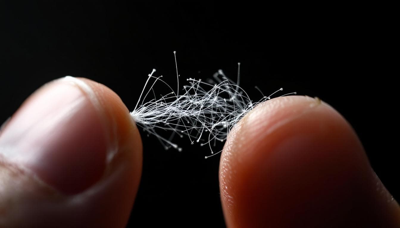 Single hemp bast fibre held between fingertips