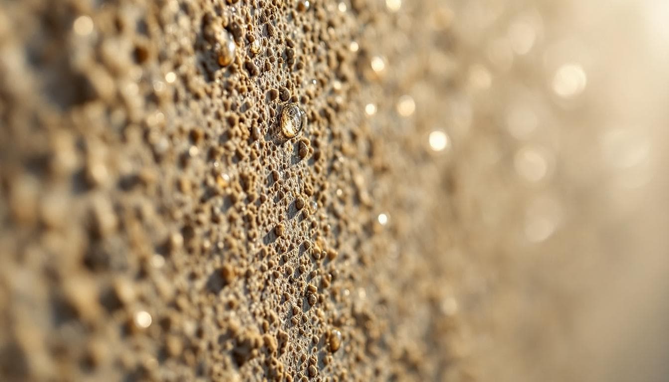 Hempcrete wall with vapor droplets aesthetic