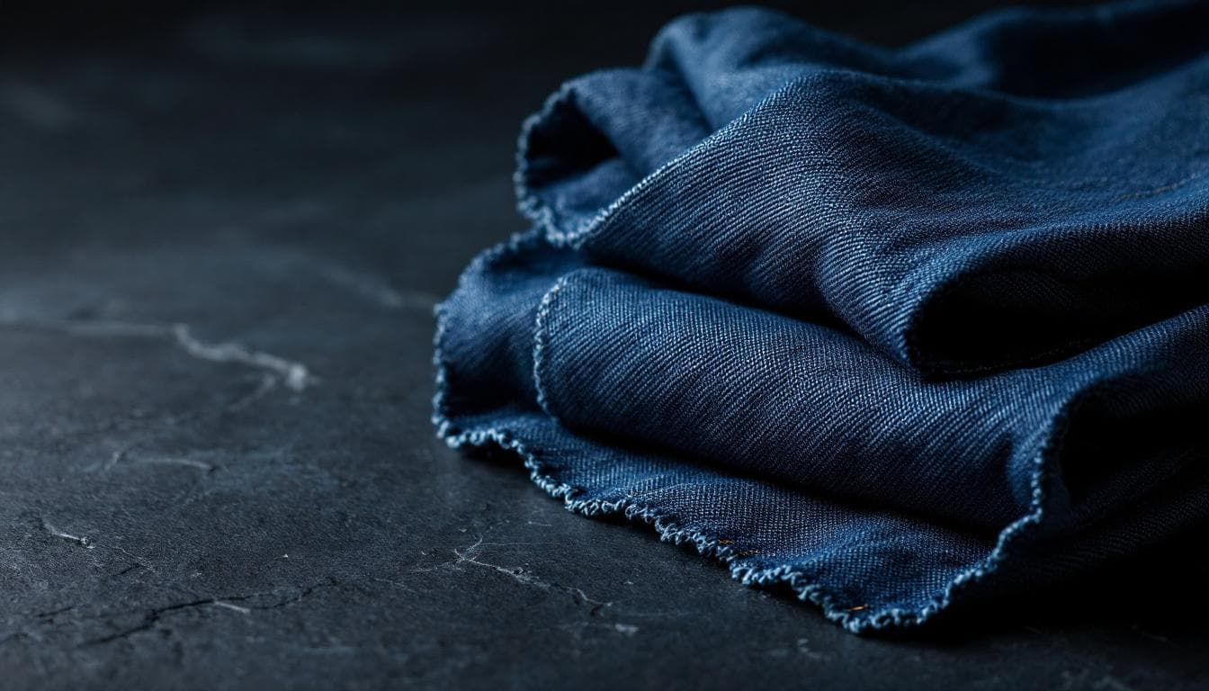 Folded indigo hemp denim on dark slate