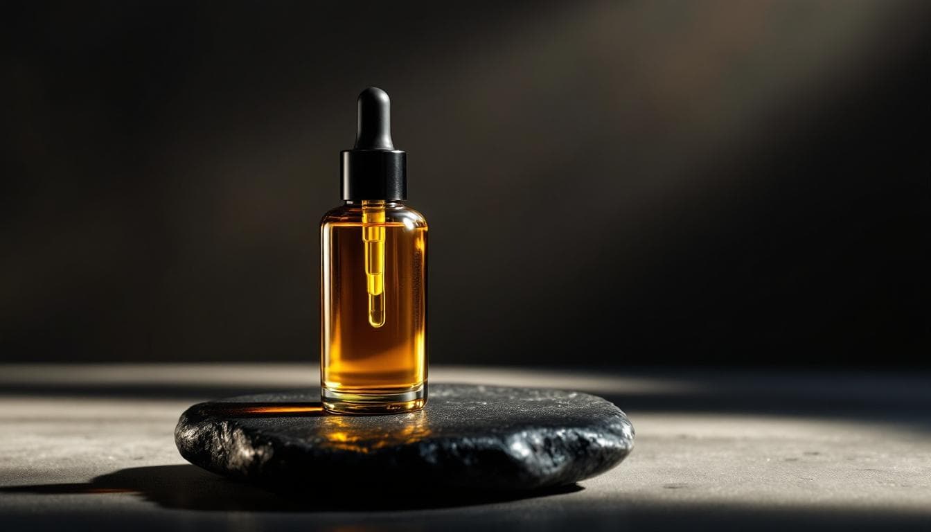 Amber bottle of hemp seed face oil on black stone