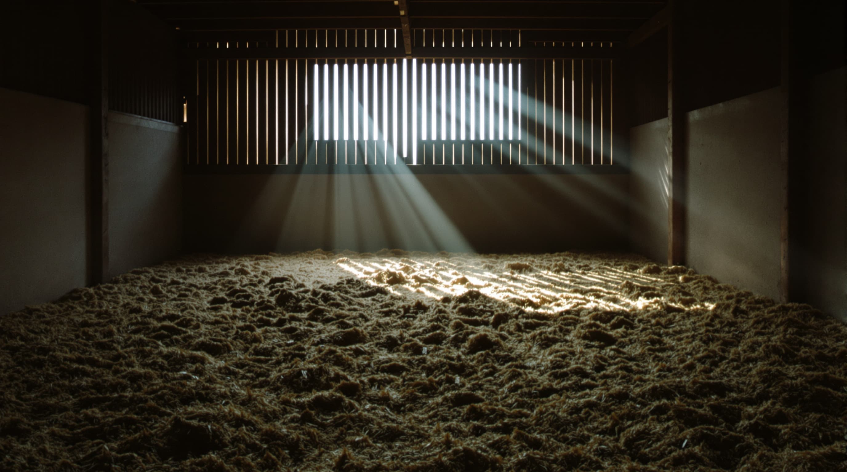 Empty British stable interior with hemp bedding raked clean