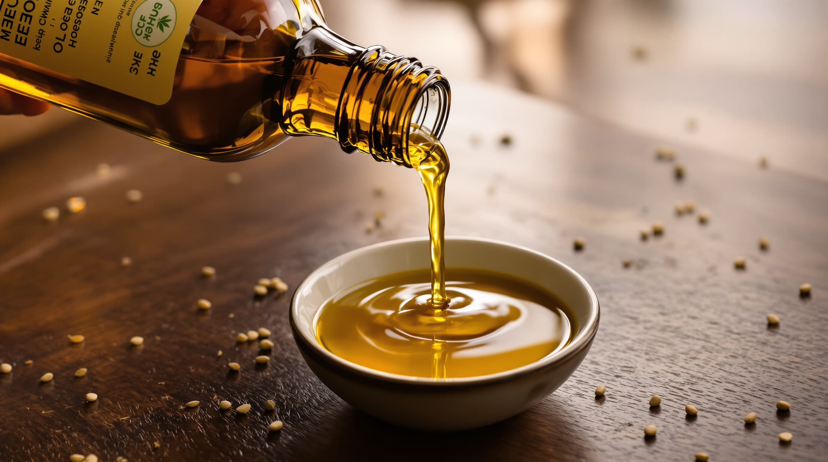 Cold-pressed hemp seed oil pouring into ceramic dish