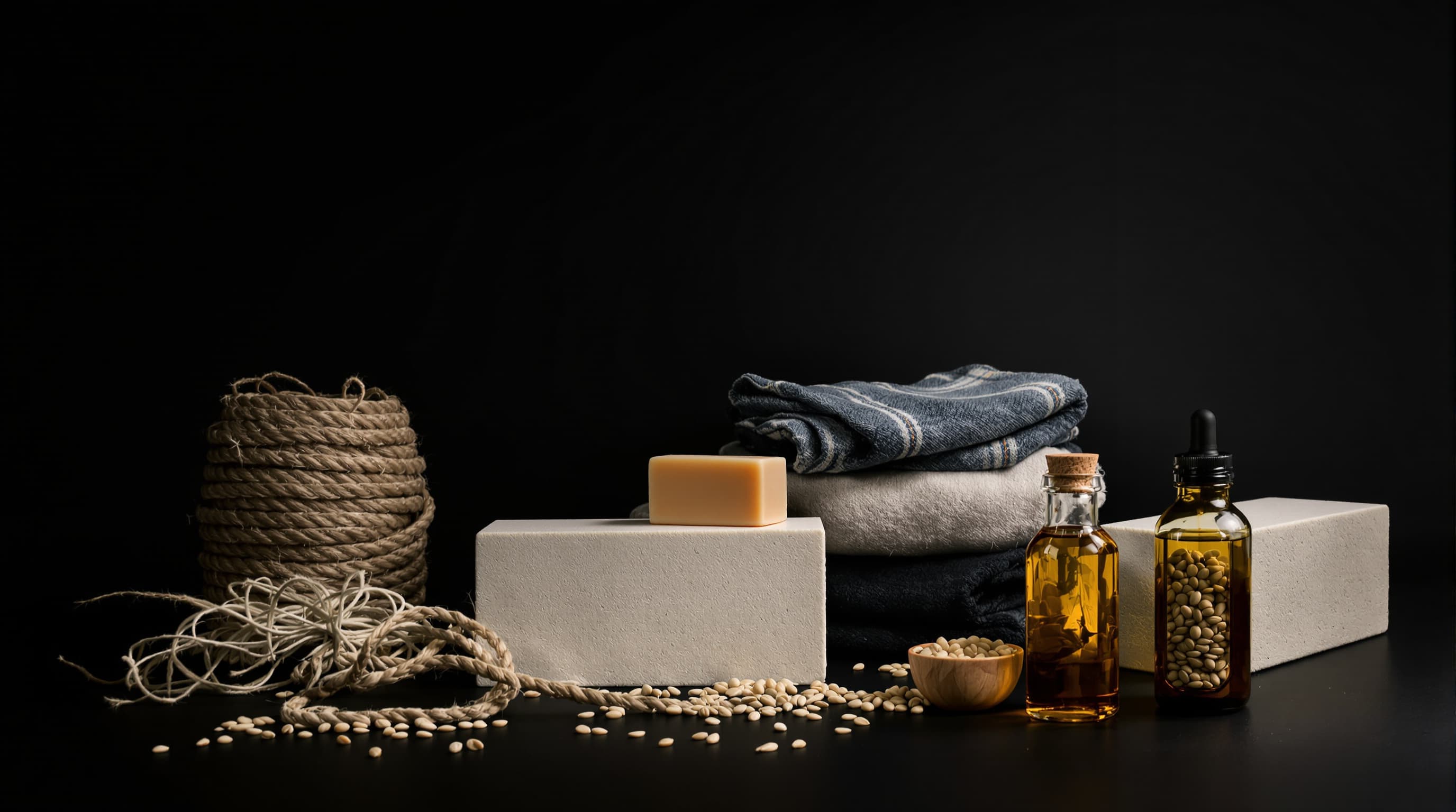 Seven hemp products in a dramatic still life